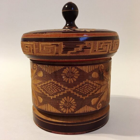 Carved Wood Trinket Jewelry Box Round Brown Vintage Aztec Floral Style Lid - Picture 2 of 8
